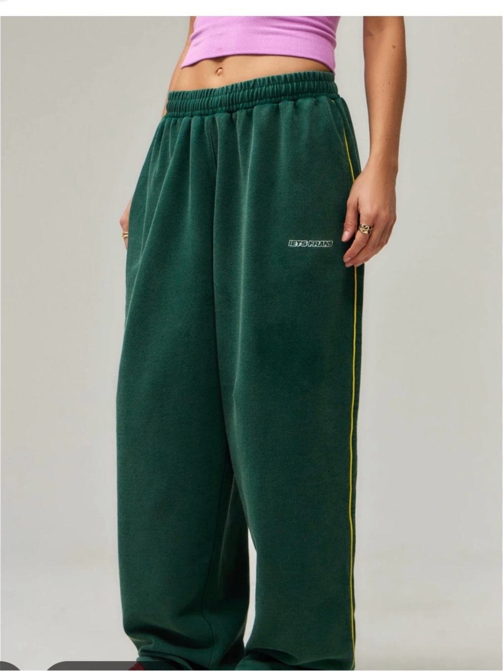 Forest Green Wide-Leg Fleece Pants with Yellow Side Stripe